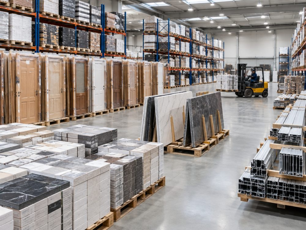 Warehouse with stacked doors, tiles and stone slabs on pallets