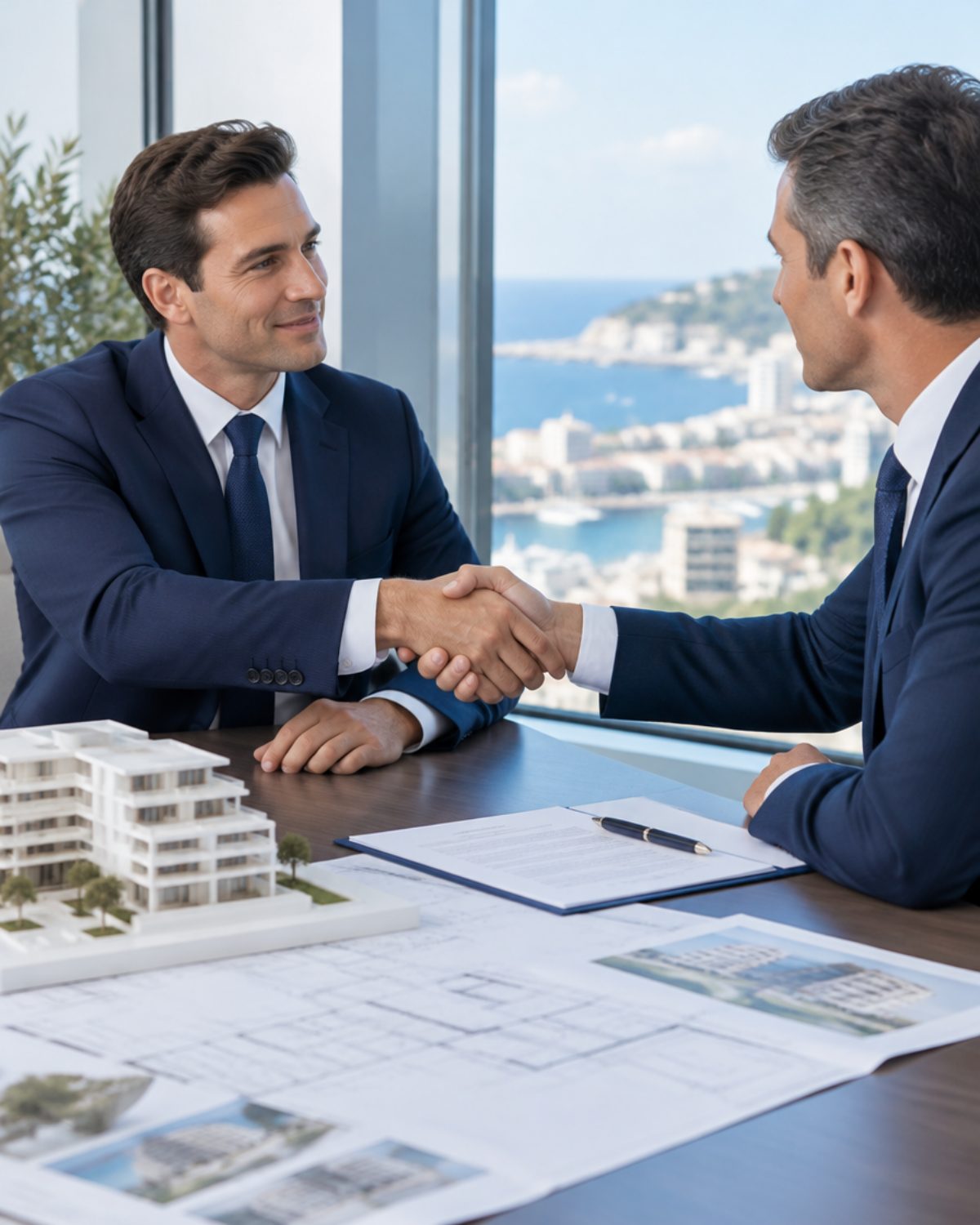 Two businessmen shaking hands over architectural drawings and a building model, closing a construction deal